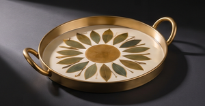 Bandeja de Servir Redonda de Metal Esmaltado de Lujo con Motivo Floral de Girasol, Dorado Mate, con Dos Asas, Plato Decorativo para Bebidas y Café - Product Image 4