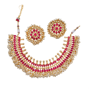 <b>Ruby</b> and Pearl Studded Bridal <b>Necklace</b> Set with Zircon Earrings - Product Image 1