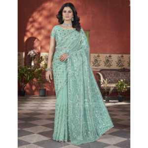 Sari en mousseline de soie à silhouette droite, élégant pour les occasions spéciales, avec broderie au fil. - Product Image 3