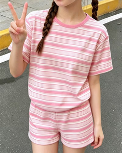 Girls Striped 2-Piece Set Breathable Short Sleeve Top with Matching Shorts Customizable Casual <b>Summer</b> Outfit - Product Image 1