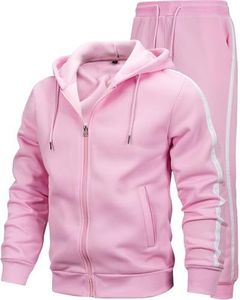 <b>Pink</b> Men Hooded Heavyweight 2-Piece 100% Cotton Breathable Full Zip Jogger <b>Tracksuit</b> <b>Set</b> Winter Casual Wear - Product Image 1