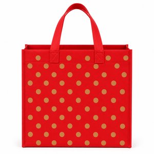 Custom Printed Red Nonwoven Felt Tote <b>Bag</b> with Gold Dots <b>Medium</b> Open Top Hand Length Handle Groceries - Product Image 4