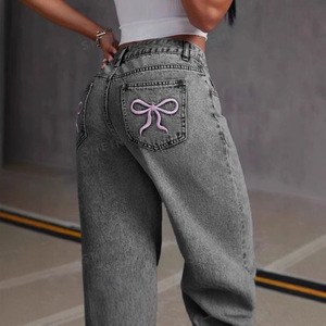 Jean en denim délavé taille haute à jambe large avec nœud décoratif, coupe ample, longueur intégrale, style vintage décontracté pour femme - Product Image 3