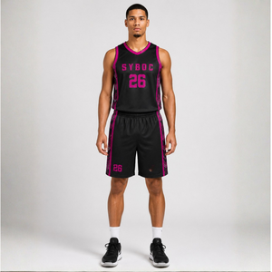 Conjunto de Uniforme de Baloncesto Personalizado por Sublimación, Negro y Rosa con Paneles en Contraste, Jersey sin Mangas con Cuello en V, Pantalones Cortos, Kit para Equipo, Club, Escuela, Torneo - Product Image 1