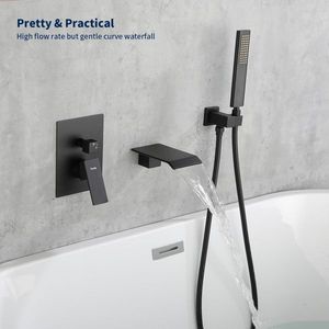Grifo de Bañera y Ducha de Mano NPT Macho Negro Mate, Sistema de Grifería de Cascada Sólida para Montaje en Pared - Product Image 2