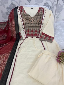 Women's Cream Cotton Salwar Kameez Cotton Beautiful Heavy Embroidery Sequence Adda Work <b>Top</b> & Cotton Pant With Printed Dupatta - Product Image 1