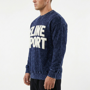 Sweat-shirt à col rond délavé à l'acide de qualité supérieure avec lettrage imprimé en relief 3D, style sportswear urbain, pull à épaules tombantes, streetwear décontracté - Product Image 2