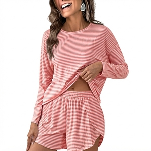 Double Stitched Seam High Quality Skinny Casual Embroidered Ladies Nightwear <b>Set</b> Super Soft Peach Rib Spring Sleepwear - Product Image 3