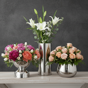 Ensemble de 3 vases rectangulaires de luxe en aluminium poli miroir, écologiques, modernes, géométriques, argentés, haut de gamme - Product Image 1