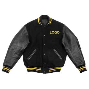 Chaqueta Bomber Varsity con Logotipo Personalizado para Hombre y Mujer, Lana Negra Oscura con Mangas de Cuero, Venta al por Mayor, Súper Calidad - Product Image 1