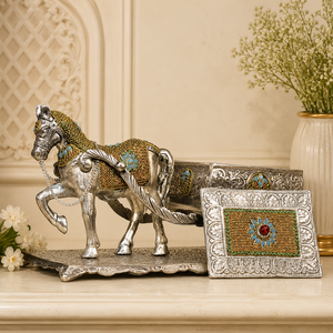 Centre de table royal indien traditionnel en métal gaufré, motif chariot de chevaux et pierre sculptée, décoration de luxe artisanale - Product Image 3