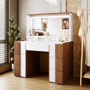 Elegant 44.4\" Makeup Vanities <b>Large</b> Lighted Mirror Power Outlet 7 Drawers Dressing Table 7 Drawers Shelves Elegant Vanity <b>Desk</b> - Product Image 2