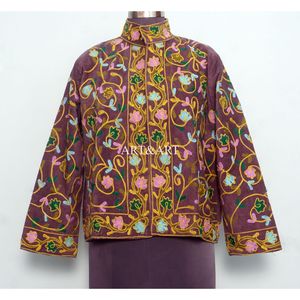 Amazing Look Cotrise Embroidery Floral Quilted Autumn Winter <b>Jacket</b> Women's Regular Length <b>Mandarin</b> <b>Collar</b> Full Sleeve Button - Product Image 1