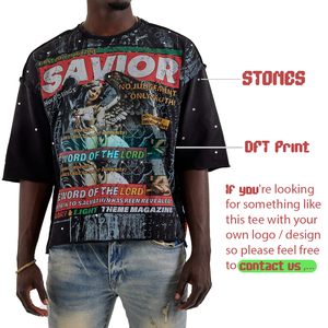 Camiseta Personalizada de Manga Corta, Estilo Urbano, Lisa, Holgada, con Estampado DTF, Unisex, con Pedrería, Negra - Product Image 1