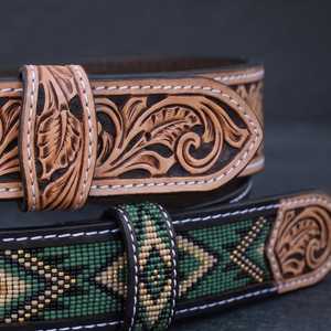 Ceinture en cuir brodée style western avec motif géométrique perlé, boucle en alliage argenté, style décontracté, durable, fabriquée à la main, pour usage quotidien - Product Image 4