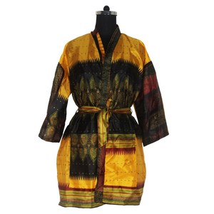 KS006 Kimono Vintage de Seda con Manga Corta, Estilo Sari, Vestido Boho Corto, Vestido de Dama de Honor - Product Image 1