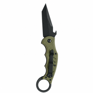 Couteaux de poche pliants à manche texturé vert olive avec lame noire angulaire, anneau de maintien et clip ceinture pour usages extérieurs - Product Image 5