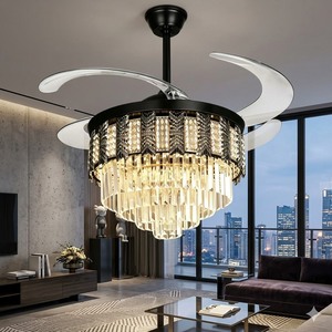 Modern Retractable Blade <b>LED</b> <b>Ceiling</b> Fan <b>Crystal</b> Chandelier Remote Control Luxury Invisible Silent Motor Gold <b>Lighting</b> Fixt - Product Image 2