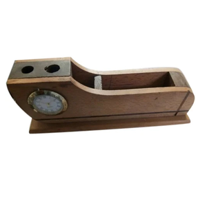 Wooden Pen Holder Desktop Organizer With Clock Phone Stand And Pen Holder Natural Finish Office Storage Stand - Product Image 2