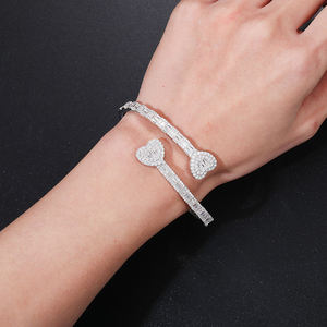 Heart Cut Crystal <b>Cuff</b> <b>Bracelet</b> Rhodium Plated 925 <b>Silver</b> Women's Luxury Wedding Jewelry - Product Image 3
