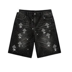 Custom Mens Rhinestones Crosses Denim Shorts Black Washed Crystal Beaded Jorts Y2K Streetwear Gothic Baggy <b>Jean</b> Shorts Hot Pants - Product Image 1