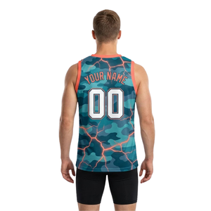 Ensemble de maillot et short de basketball ajustés pour homme, col en V, sans manches, imprimé motif camouflage craquelé, nom et numéro de l'équipe, uniforme deux pièces pour adulte - Product Image 2
