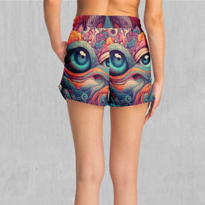 Shorts pour femmes à imprimé œil abstrait coloré, taille à cordon de serrage, taille mi-haute, en tricot de spandex et polyester, style décontracté, respirant - Product Image 3