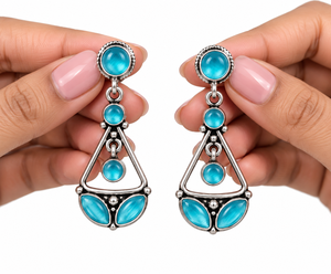 Pendientes Colgantes con Aspecto de Plata Oxidada Azul, Nueva Llegada |   Joyería Geométrica Tribal Boho India para Mujer, Venta al por Mayor - Product Image 3