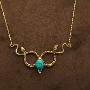 Collier Serpent avec Turquoise et Pierre de Lune, Pendentif Double Serpent Doré, Style Bohème Céleste Égyptien, Cadeau - Product Image 2