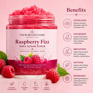 Wholesale Raspberry Fizz Shea Sugar <b>Scrub</b> Vegan Organic Exfoliating Hydrating <b>Body</b> Polish Private Label Skin Care Bulk Supplier - Product Image 3