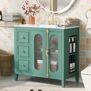 Mobile Bagno Moderno da 36 Pollici con Struttura in Legno Massello, 3 Cassetti e 2 Ante con Chiusura Ammortizzata - Collezione 2023 - Product Image 1