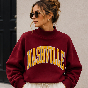 Sudadera Oversize de Cuello Alto para Mujer con Estampado de Letras OEM Nashville, 100% Algodón, Estilo Urbano Otoñal, Retro Universitario de Music City - Product Image 1