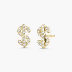 Boucles d'oreilles clous en or massif 10K 14K 18K avec diamant de laboratoire taille ronde et motif signe de dollar, minimalistes, tendance, uniques, petites, à fermoir poussoir - Product Image 1