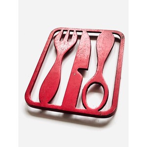 Red Metal Rectangle <b>Trivet</b> With Fork Knife Spoon Cutouts Modern Design Non Slip Kitchen Mat - Product Image 4