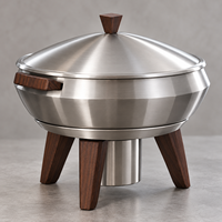Plat à chafing rond de luxe en acier inoxydable durable et écologique avec pieds et poignées en bois, diamètre 24 cm, compatible tous types de cuisinières
