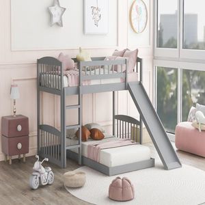 Gray Twin Over Twin Bunk Bed with Slide and Ladder for Kids - Product Image 2