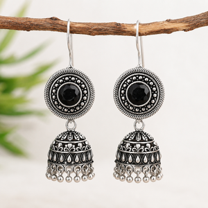 Pendientes Jhumka Tribales de Plata Oxidada India con Calcedonia Aqua |   Joyería Bohemia al por Mayor - Product Image 5
