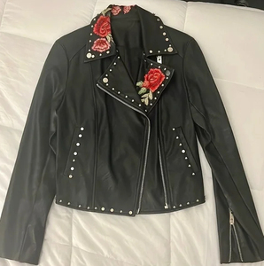 Chaqueta de Moto para Mujer, de Piel de Oveja y PU, de Secado Rápido, con Bordado Floral de Rosas, Cuello Alto, Cierre de Cremallera, Manga Larga, Estilo Invernal - Product Image 4