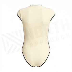 Women's Cream One-Piece Bodysuit Deep V Neck Contrast Binding Zipper Front Knitted Stretch Swimwear - Product Image 2