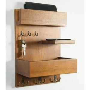 Porte-clés en bois artisanal avec étagère |   Porte-clés mural poli pour entrée avec porte-lettres et crochets pour la maison - Product Image 5