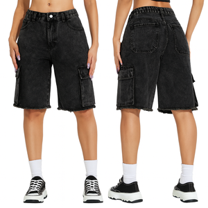 <b>Women</b> Acid-Wash <b>Cargo</b> Denim Shorts High Waist Crystal Distressed Knee-Length Frayed Hem Multi-Pocket Streetwear Summer - Product Image 6