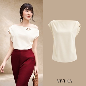เสื้อเบลาส์ผู้หญิงสีครีม ดีไซน์หรูหรา แขนกุด คอผ้าจับเดรป โพลีเอสเตอร์ สแปนเด็กซ์ ลำลอง ใส่ทำงานได้ แฟชั่นดีไซเนอร์ ELOWEN - Product Image 1