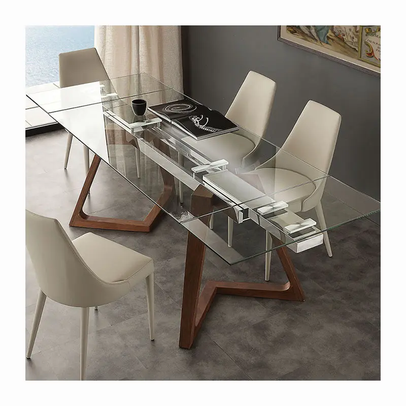 Wholesale Dinning room furniture Extending Dining Table Tempered Glass Top in walnut wooden frame