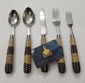 Christmas Gifts 18/<b>8</b> Stainless Steel Rattan Woven Handle Luxury American Style Silver 5-Piece Flatware <b>Set</b> Mirror Polish Durable - Product Image 5