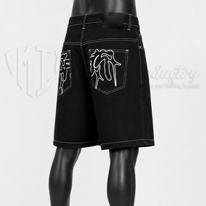 Custom Men's <b>Black</b> Denim Jorts with Graffiti Graphic Print | Baggy Knee Length <b>Jeans</b> <b>Shorts</b> Manufacturer - Product Image 4