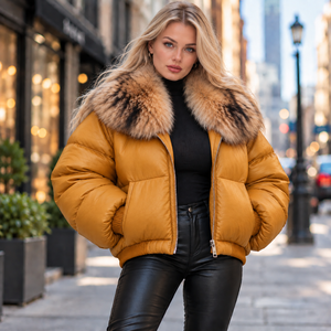 Veste matelassée en cuir véritable pour femme, à fines rayures jaunes, avec fermeture éclair et col en fourrure de renard, coupe-vent d'hiver, style streetwear - Product Image 4