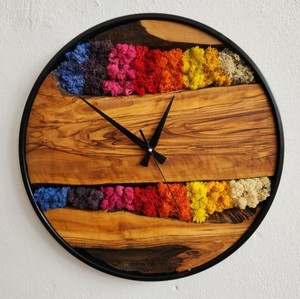 Rainbow Moss Wood Wall <b>Clock</b> Handmade Colorful Wooden Timepiece Modern Nature Inspired Decor Round Wall Art Living Room - Product Image 1