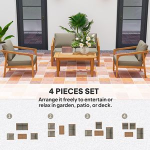 Ensemble de mobilier de patio 4 pièces en bois d'acacia, canapé d'extérieur pour conversation avec coussins épaissis pour jardin et cour arrière, en teck - Product Image 4