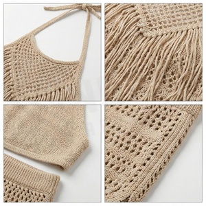 Ensemble haut halter en crochet pour femme avec pompons et short, ajouré et respirant, idéal pour la plage - Product Image 4