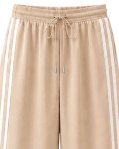Pantalones Deportivos Anchos Color Beige Arena con Franjas Laterales Blancas para Mujer, Corte Holgado Informal, Cintura Elástica, Estilo Urbano - Product Image 5